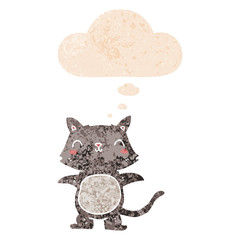 cartoon cat and thought bubble in retro textured style
