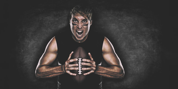 American football player screaming on black chalkboard texture background copy space for advertising. Panoramic banner blackboard with man athlete ready to play face paint black eye.