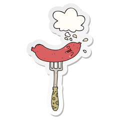 cartoon happy sausage on fork and thought bubble as a printed sticker
