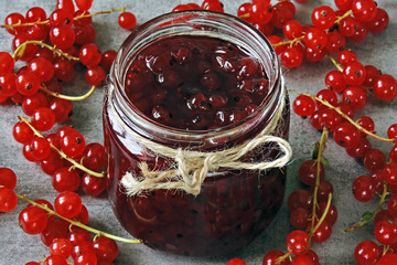 Homemade red currant jam. Clusters of red currants.