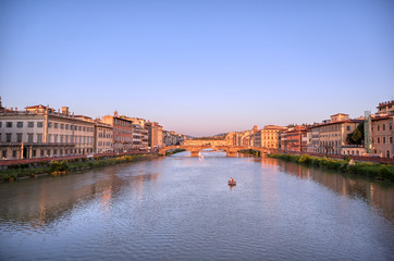 June 6, 2019 - Florence, Italy - A view of the Arno River and the Ponte Vecchio in Florence, Italy.