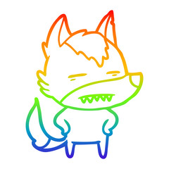 rainbow gradient line drawing cartoon wolf showing teeth