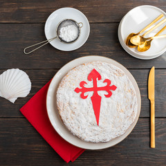 Tarta de Santiago (St. James cake) famous spanish almond cake typically made in Galicia. It is usually decorated with powdered sugar creating a silhouette cross of Santiago.