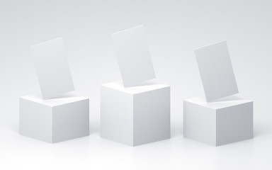 Mockup of vertical business cards at white textured paper background.