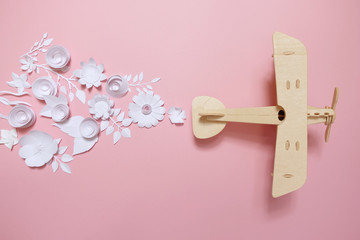 small wooden toy airplane lucky by flower