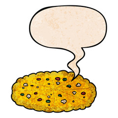 cartoon double cheese pizza and speech bubble in retro texture style