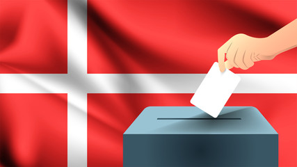 Male hand puts down a white sheet of paper with a mark as a symbol of a ballot paper against the background of the Denmark flag, Denmark the symbol of elections