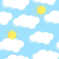 Vector seamless pattern with flat white clouds and sun. Cute design on blue background. Funny endless pattern with cartoon weather icons for cover, Kids design, children print, decoration.