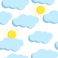 Vector seamless pattern with flat style clouds and sun. Cute background on white background. Funny endless pattern with cartoon weather icons for cover, Kids design, children print, decoration.