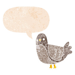 cartoon bird and speech bubble in retro textured style