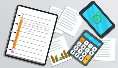 Accounting, financial audit concept. Project, risk management. Tax report. Flat smartphone with check mark on screen. Table with realistic spiral notebook with text, calculator, pencil, chart
