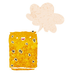 cartoon biscuit and speech bubble in retro textured style