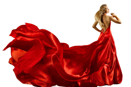 Fashion Model Long Red Dress, Woman In Waving Gown, Full Length Beauty Portrait On White