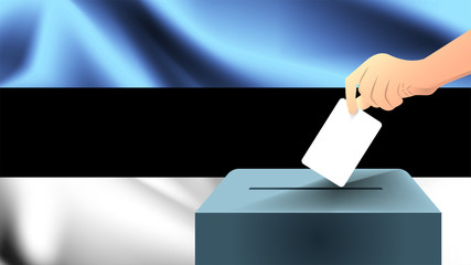 Male hand puts down a white sheet of paper with a mark as a symbol of a ballot paper against the background of the Estonia flag, estonia the symbol of elections