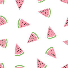 Cute tender pastel colors seamless pattern with hand drawn watermelon slices with black seeds. Bright sweet summer texture for kids design, wallpaper, textile, wrapping paper