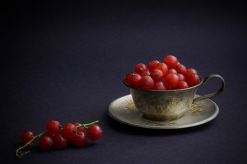Red currant berries on a small metal plate and green stems on a black background