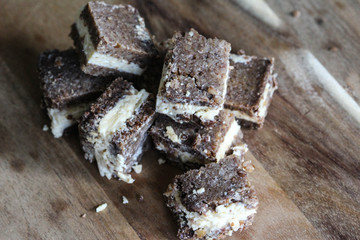 rye bread with aged cheese on wooden background