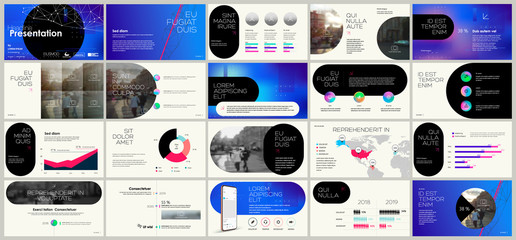 Presentation template, blue minimalist infographic elements on white background. Vector slide template for business project presentations and marketing.