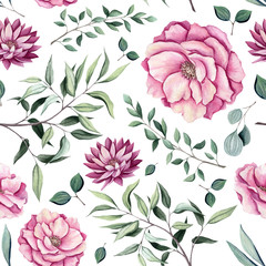 Seamless Pattern of Watercolor Rose and Dahlia Flowers © Nebula Cordata