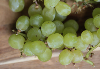 bunch of fresh White grapes on wooden background