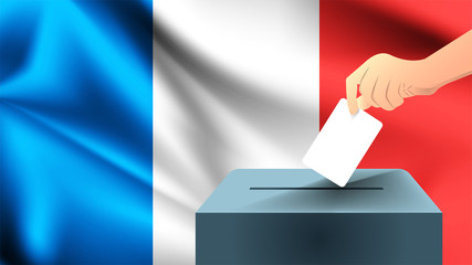 Male hand puts down a white sheet of paper with a mark as a symbol of a ballot paper against the background of the France flag, France the symbol of elections