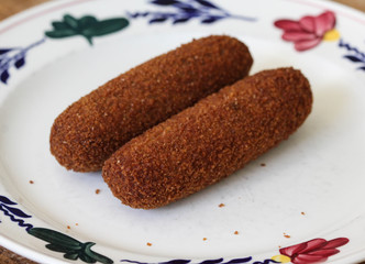 Deep fried Dutch croquette filled with beef, called 