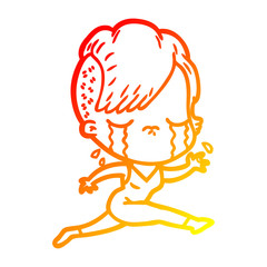 warm gradient line drawing cartoon crying girl running