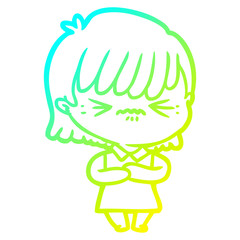 cold gradient line drawing annoyed cartoon girl