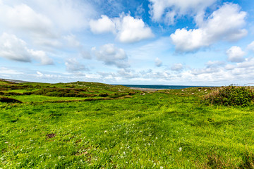 Beautiful landscape of a meadow with green grass in the Burren, geosite and geopark, Wild Atlantic Way, wonderful sunny spring day in County Clare in Ireland