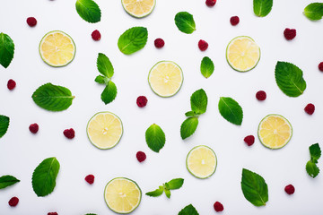 Fresh mint, lime and raspberry food pattern