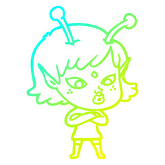 Obraz premium cold gradient line drawing pretty cartoon alien girl