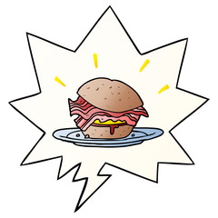 cartoon amazingly tasty bacon breakfast sandwich and cheese and speech bubble in smooth gradient style
