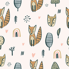 Semless woodland pattern with cute little foxes. Scandinaviann style, nursery texture for baby apparel, childish decoration. Vector illustration.