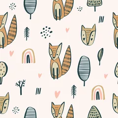 Wallpaper murals Scandinavian style Semless woodland pattern with cute little foxes. Scandinaviann style, nursery texture for baby apparel, childish decoration. Vector illustration.