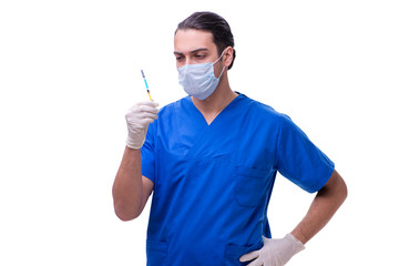 Young handsome doctor with syringe isolated on white 