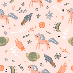 Seamless pattern with cute night space unicorns and moons. Scandinavian style fabric decor, wrapping, textile, wallpaper, nursery apparel. Vector illustration. © Knstart Studio