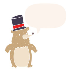 cartoon bear in top hat and speech bubble in retro style