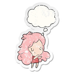 cartoon girl and thought bubble as a distressed worn sticker
