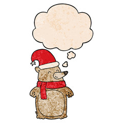 cartoon christmas bear and thought bubble in grunge texture pattern style
