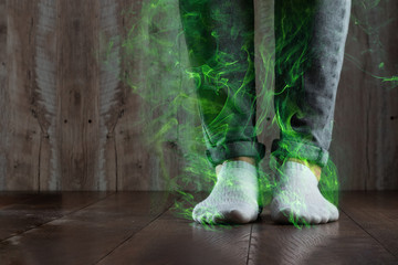 The legs of a man close up, stink. Nasty smell. Stink legs, fungus on the legs