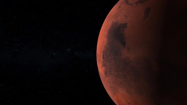 Travel approach to planet mars rotating over sky stars, space exploration to new world background. Contains public domain image by Nasa