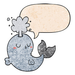 cartoon whale spouting water and speech bubble in retro texture style
