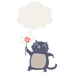 cartoon cat with flower and thought bubble in retro style