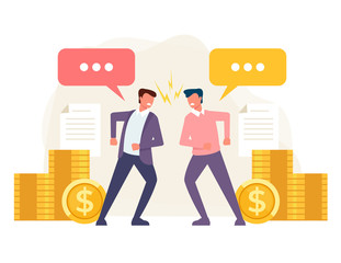 Two businessmen characters share budget. Business competition concept. Vector flat cartoon graphic design isolated illustration