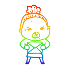 rainbow gradient line drawing cartoon angry old woman