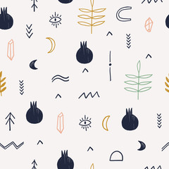 Materiał do szycia Vector ethnic magic seamless pattern with moon, pomegranate, eyes and florals. Isolated elements.