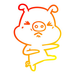 warm gradient line drawing cartoon angry pig kicking out