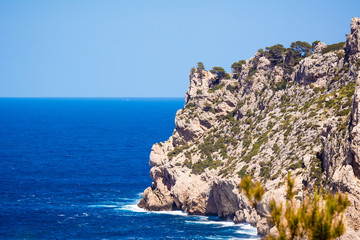 Fototapeta na wymiar Cala Figuera on Cap Formentor, beautiful sea bay with turquoise water, beach and mountains, Mallorca island, Spain
