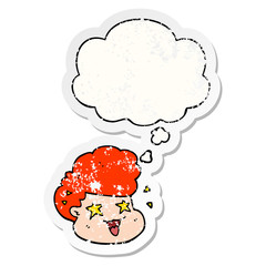 cartoon excited boy and thought bubble as a distressed worn sticker