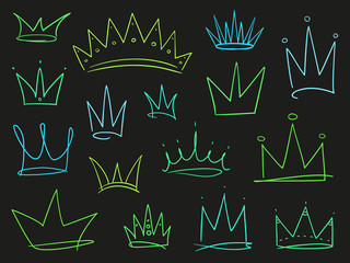 Outline crowns on isolated black. Hand drawn simple objects. Sketchy elements for your design